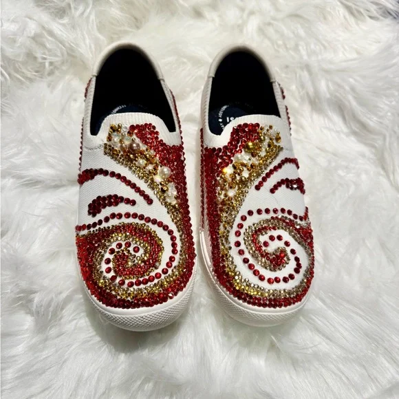 Hand-Embellished Ruby & Gold Rhinestone Sneakers Custom Wearable Art Statement - Picture 3 of 9